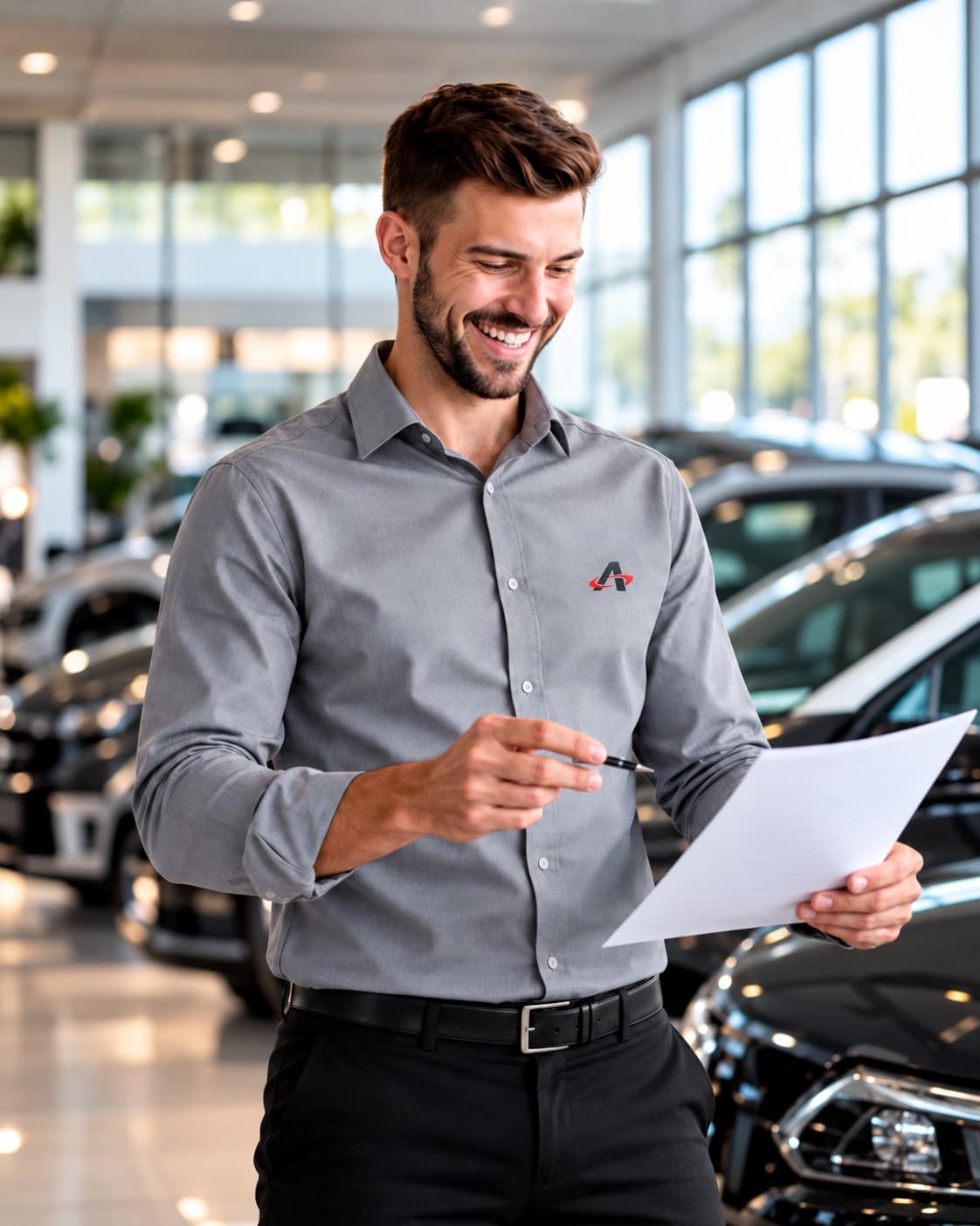 Consultor da Autominas conferindo a avaliação de um veículo no showroom